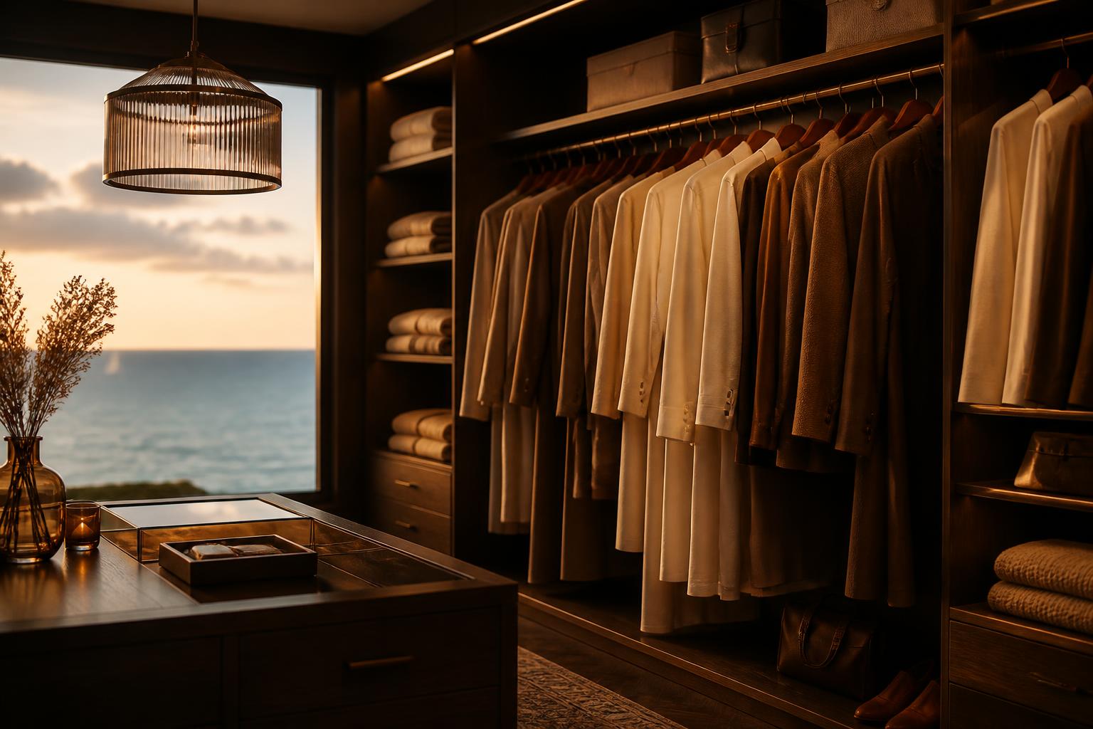 Warm walk-in closet at sunset with an ocean view through the window