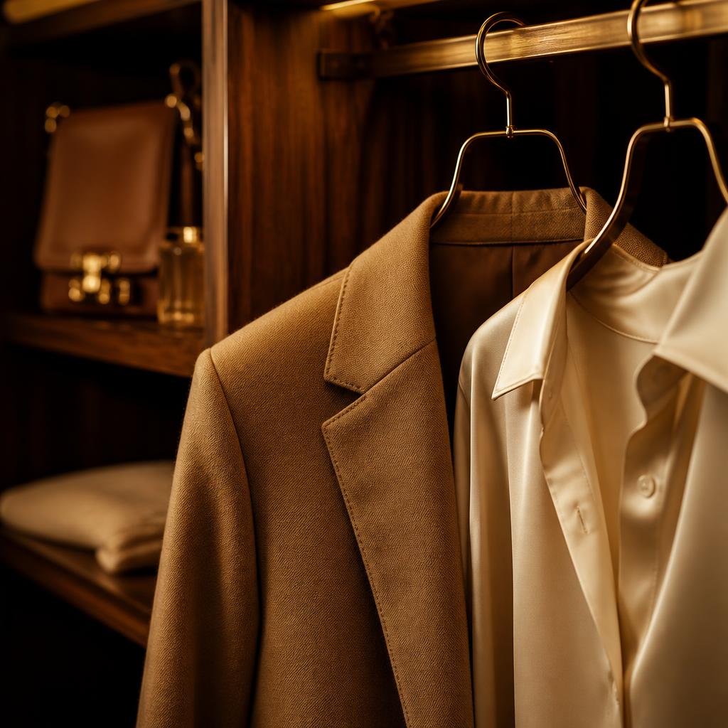 Camel blazer and cream silk shirt on brass hangers in a dark wood wardrobe